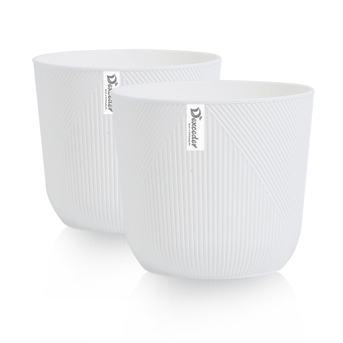 Dexceder 10x9 Striped Table Flower Plant Pot with Drainage Hole & Removable Plug (2 Pack, White)