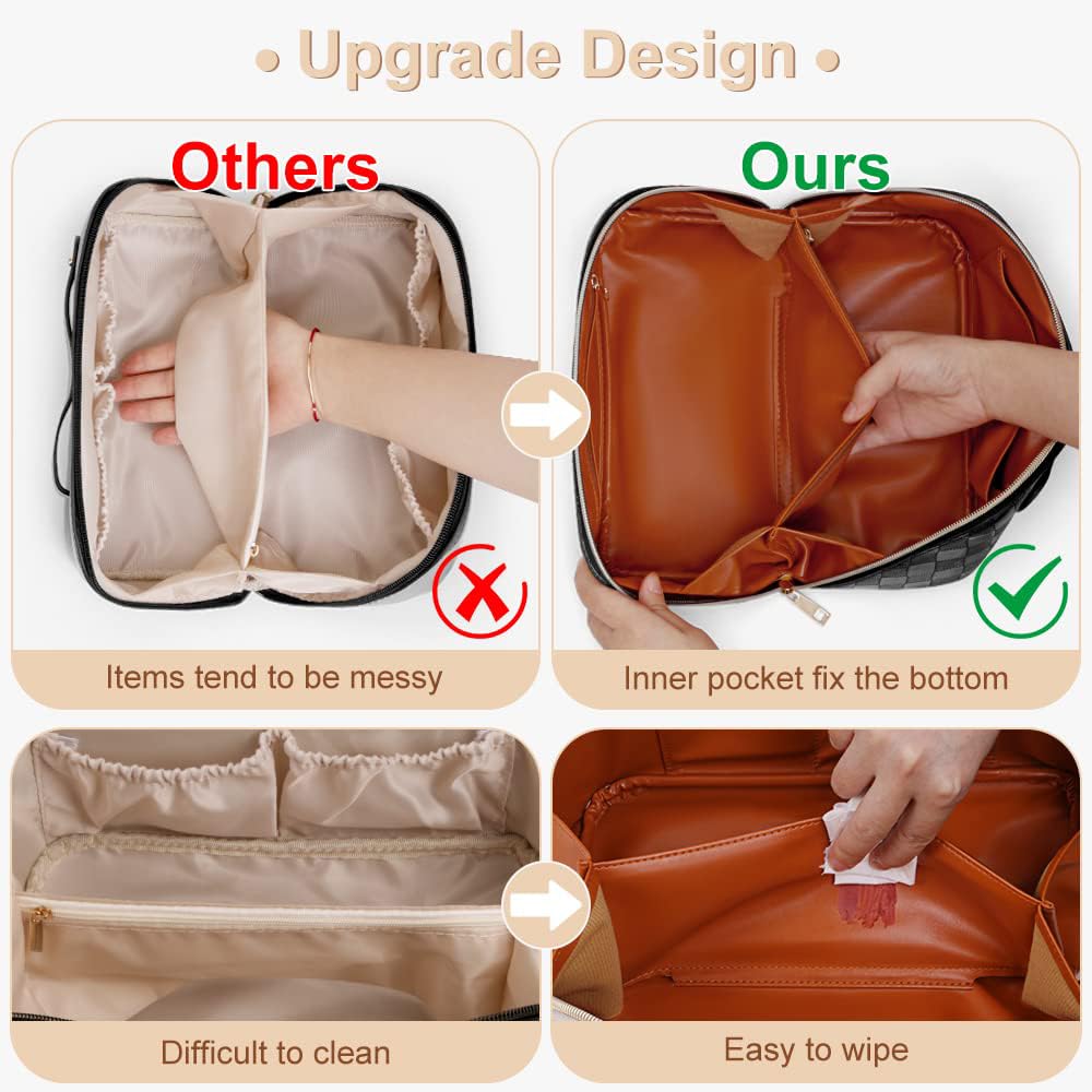 Checkered Travel Makeup Bags Cosmetic Organizer Bag: 2-Set Large Capacity Waterproof Makeup Bag - PU Leather Toiletry Bag for Women - Wide Open Portable Pouch with Handle and Divider (BLACK)