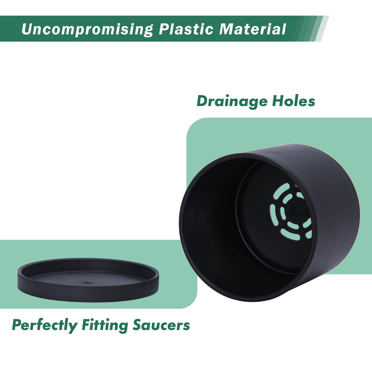 D'vine Dev 2 Pack 4 Inch Modern Plastic Plant Pots, Small Garden Planters for Plant with Drainage Holes and Saucers, Black Color, 74-Y-E-1