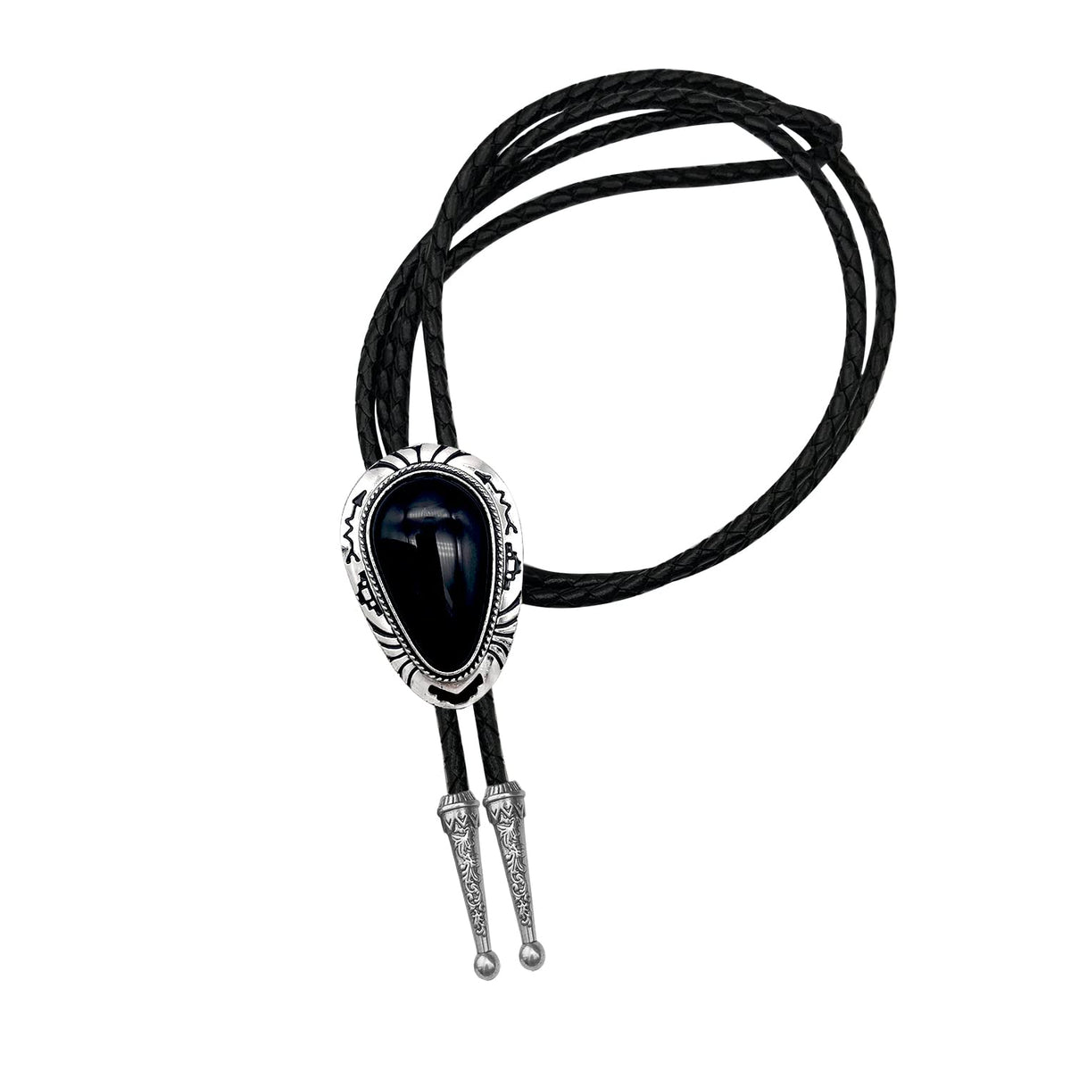 QUKE Black Stone Bolo Tie Native Western Cowboy Hand-woven Leather Bola Tie Necktie for Men Women