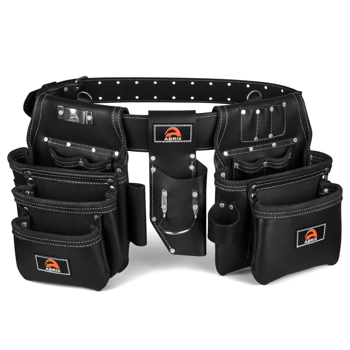 ABRIX Heavy Duty Tool Belt for Men – 4MM Thick Genuine Leather, Brass Buckle & Rivets | Foam Padded Comfort | 28-Pocket Carpenter & Framing Rig | Fits Waist 32 to 52 Inches | Professional Work Belt