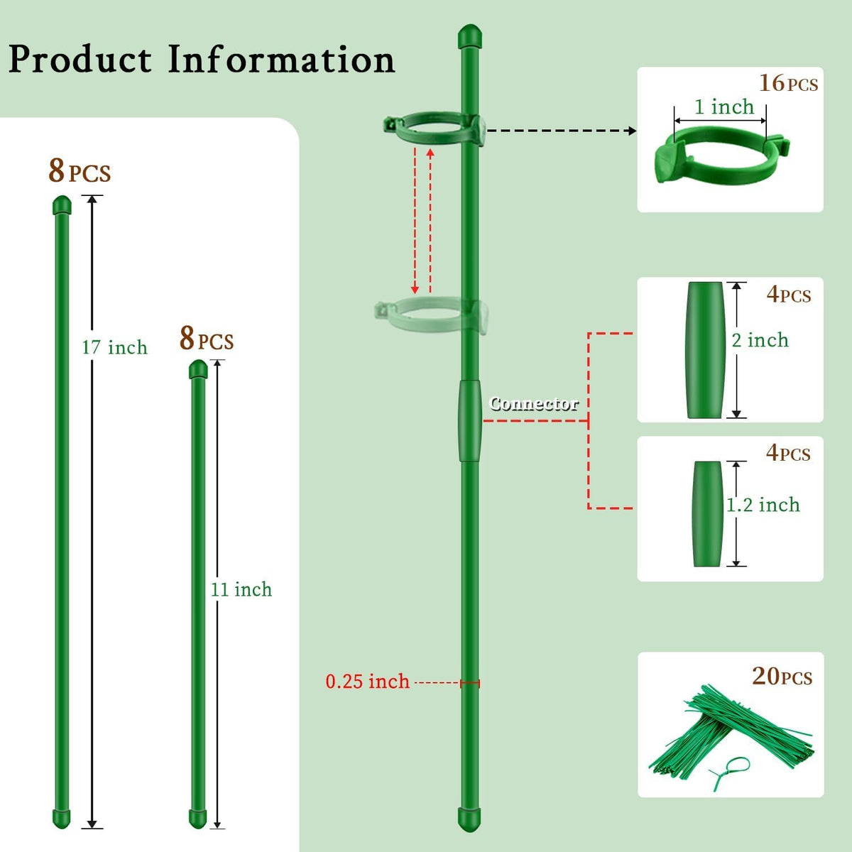 Plant Stakes 17inch &11inch SupKing Adjustable Length Plant Support Stake 16Pcs Orchid Stick with Clips for Indoor Outdoor,Garden Pole for Potted Tomato Amaryllis Vegetables Comes with 20 Ties (Green)