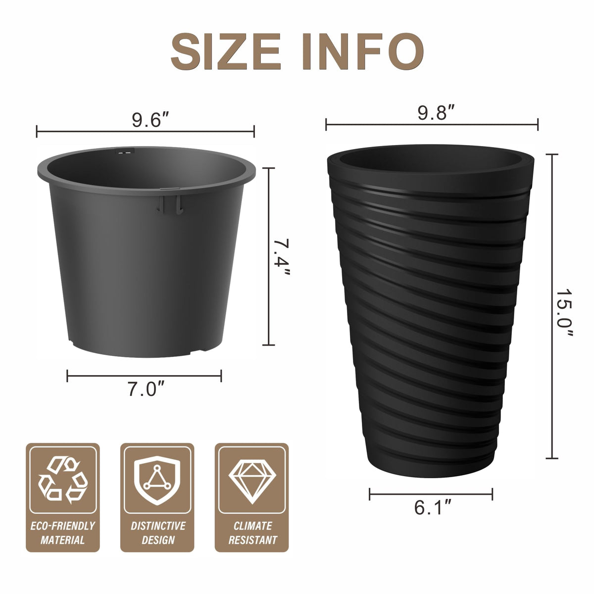 Kante 15 Inch Tall Planter Set of 2, Round Spiral Textured Flower Pots, Decorative Plant Pots for Outdoor Indoor Home Garden Patio (Black)