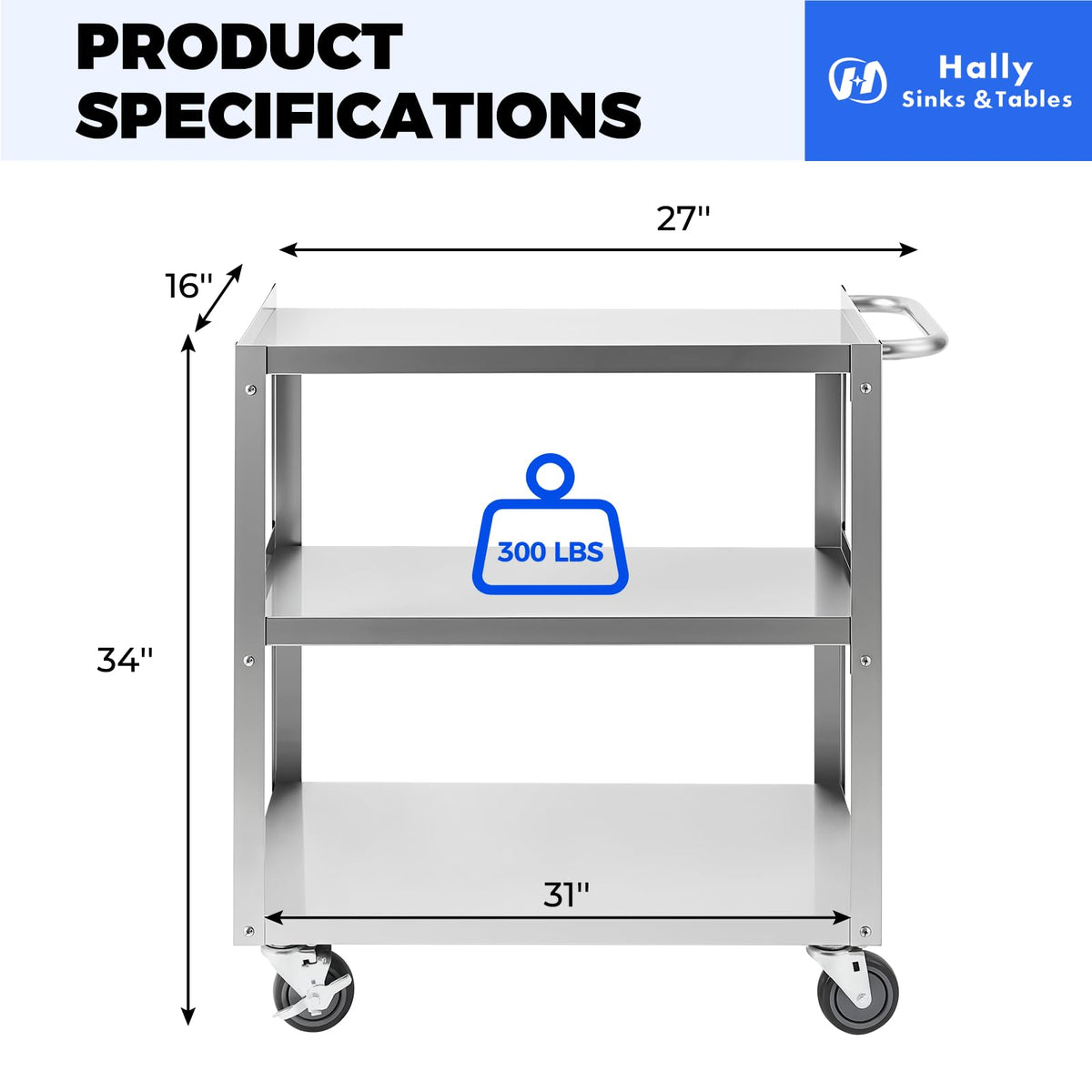 Hally Stainless Steel Utility Cart 3 Tier NSF Commercial Heavy Duty Metal Mobile Food Rolling Cart with Handle and Wheels for Kitchen, Restaurant, Hospital, Laboratory and Home, 31" L x 19" W x 34" H