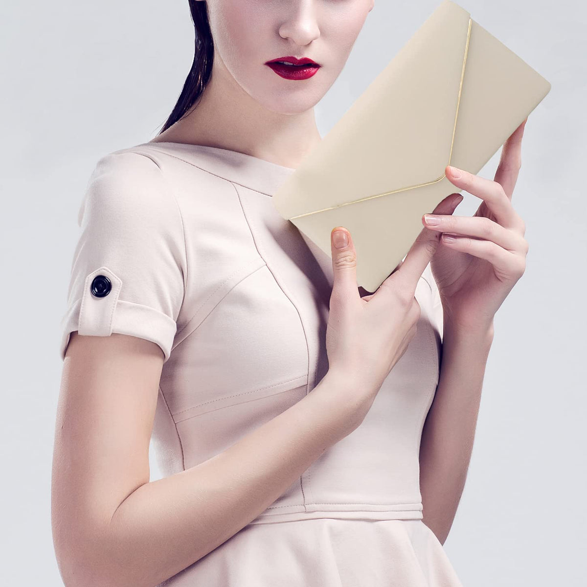 Vegan Leather Envelope Clutch Bag Classic Dressy Purse Foldover Evening Handbag Beige Medium