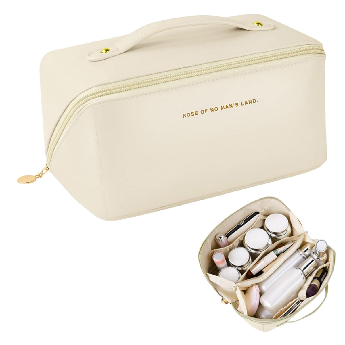 Shonchii Travel Makeup Bag, Large Capacity Cosmetic Bags for Women,Waterproof PU Leather Toiletry Bag,Open Flat Make Up Bag Organizer with Handle