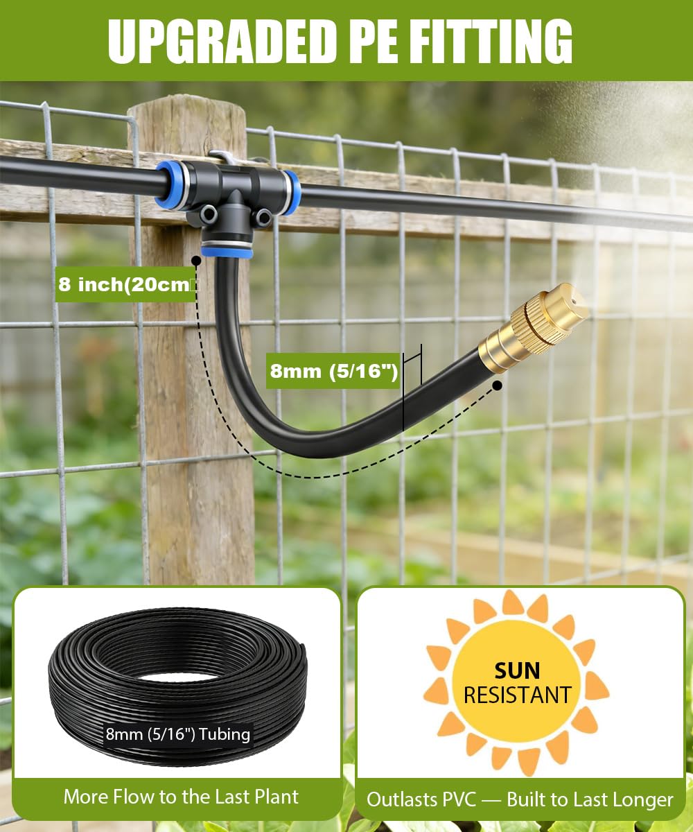 32FT Easy-Snap Garden Irrigation System for Raised Beds & Greenhouses, Upgraded 8mm (5/16") High-Flow PE Tubing with 10 Bendable 360° Copper Nozzles, Quick-Connect Plant Watering Kit