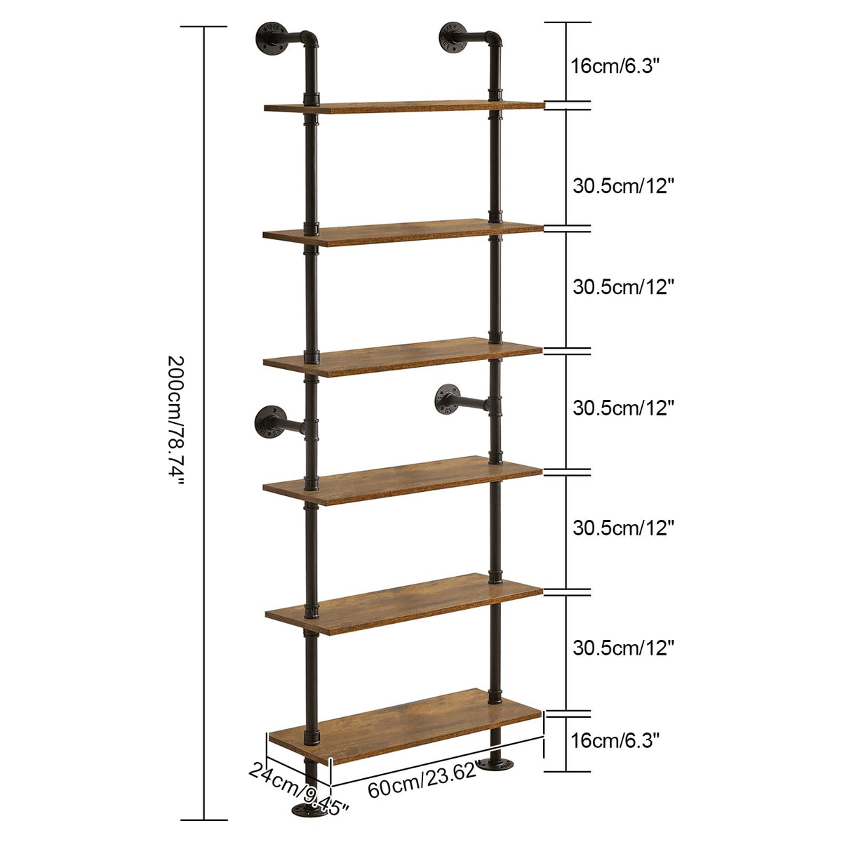 YMYNY Industrial Pipe Ladder Shelf, 6-Tier Wall Mounted Bookcase with Metal Frame, 78.7" Open Bookshelf, Multifunctional Storage Rack for Home Office, Living Room, Plant Stand, Rustic Brown, RF-TM018