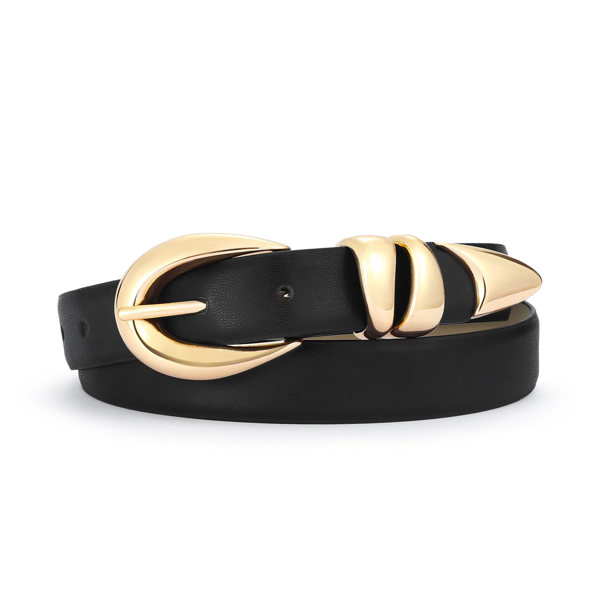 Hihope Womens Black Belt with Gold Buckle Faux Leather Belts for Women Ladies Belts for Jeans Dress Business Casual Outfits