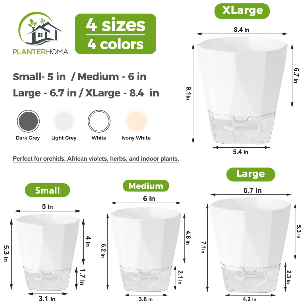 6 Pack Self Watering Plant Pots 6 Inches Self-Watering Planters for Indoor and Outdoor Plants African Violet Succulent Pots Clear Pot for Plants Large Herb Orchid Flower Houseplant Plant, White