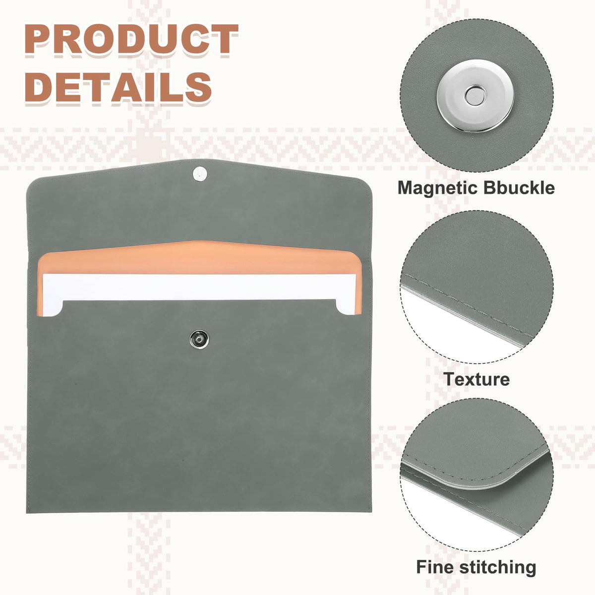 PATIKIL 2Pcs PU Leather File Folders, 13x9 A4 Document Holder Waterproof Envelope Folder with Snap Closure, Portable Portfolio Organizer Case for Paper Receipt, Gray