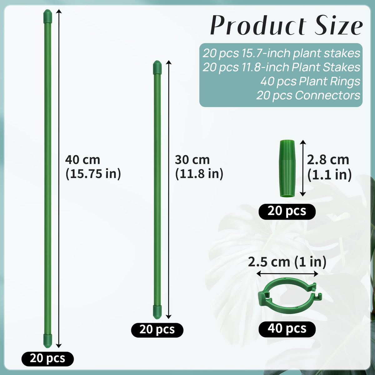 Catephe 40 Pcs Plant Support Stakes, Garden Stakes for Indoor Plants, Tall Adjustable Plant Sticks with 40 Clips and 20 Connectors for Monstera, Tomato, Vine Potted Plants
