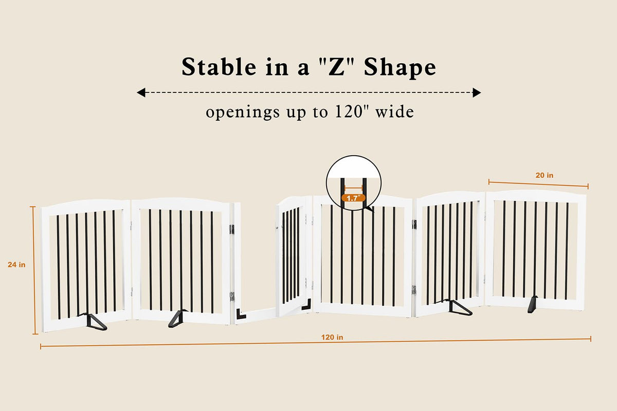 PUPETPO Freestanding Pet Gates with Walk Through Door, Dog Indoor Fence, Dog Gate for The House, Stairs, Extra Wide Pet Gate, Support Feet Included, 120 Inch Wide, 6 Panels 24" Tall, White & Black