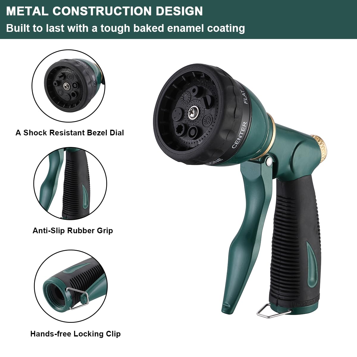 FANHAO Garden Hose Nozzle Sprayer Heavy Duty, 100% Metal Spray Nozzle High Pressure Water Hose Nozzle with 7 Patterns for Watering Garden, Washing Cars and Showering Pets