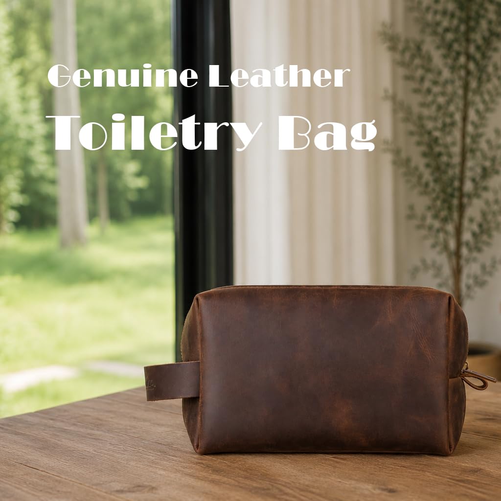 Mens Leather Toiletry Bag – Dopp Kit Handmade in USA – Full Grain Leather Organizer Bag with Waterproof Lining for Travel, Toiletries, Shaving Kit – Gifts for Men, Husband, Dad, Boyfriend