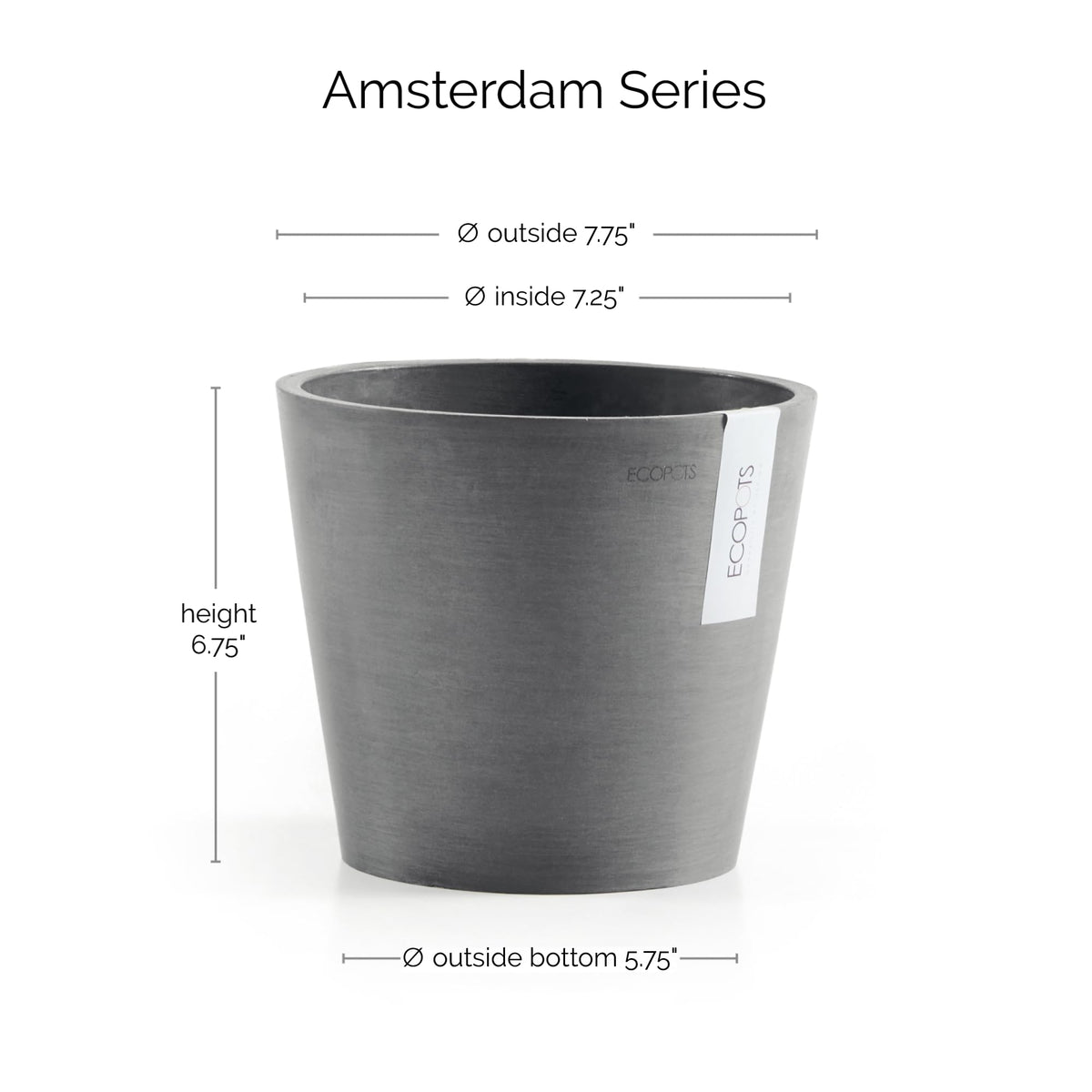 Ecopots Amsterdam Durable Modern Round Indoor/Outdoor Recycled-Based Composite Flower Pot Planter, Grey, 8"