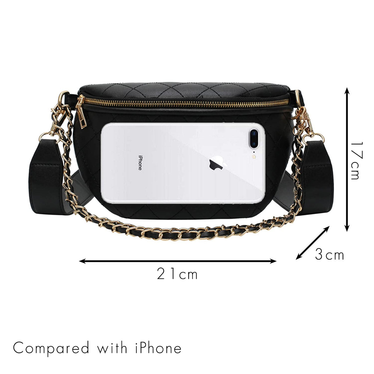 Leather Fanny Pack for Women Crossbody, Dressy Belt Bag with Gold Chain - Black Luxury Waist Purse(Black-2)