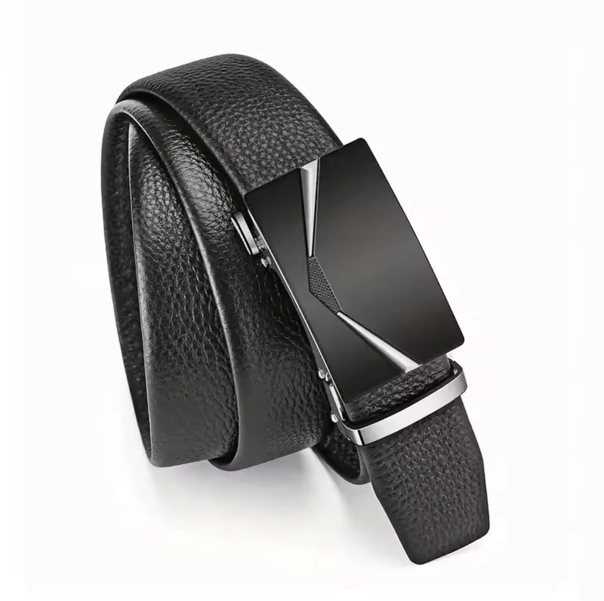 TJH Men's Leather Ratchet Belt with Automatic Buckle, Trim-to-Fit Adjustable (Waist 28–44 Inches), No-Hole Belt (Silver)