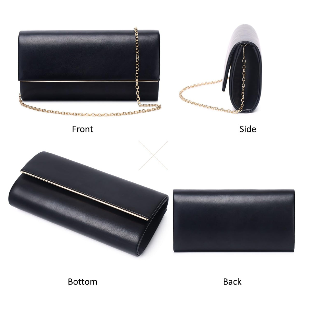 DETARA Women Evening Bag Vegan Leather Clutch Purse Shoulder Crossbody Envelope Bag for Party Wedding Prom Bridal(Black 1818)