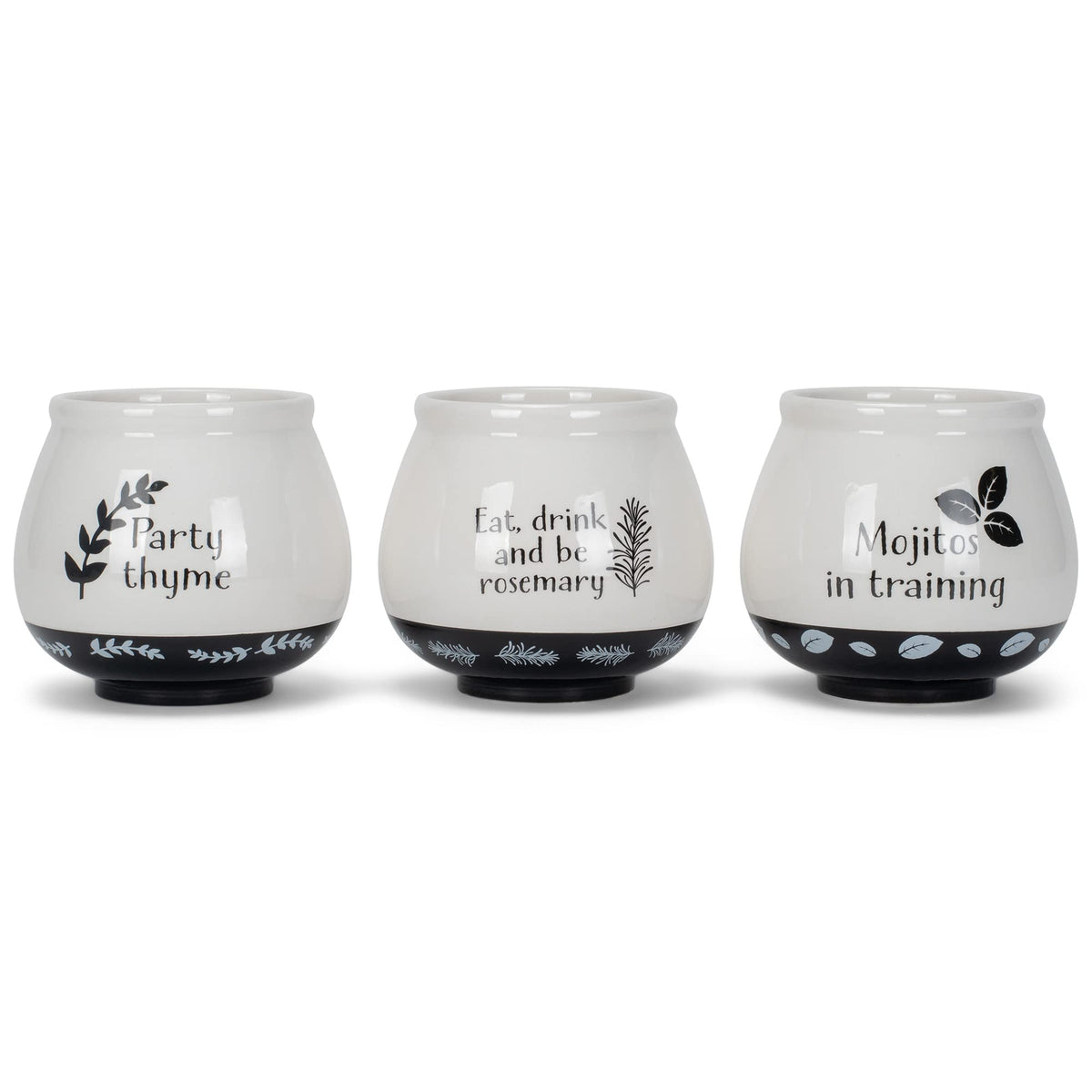 Napco Assorted Witty Herb Cache 3.5 Inch White and Black Ceramic Planters (Set of 3)
