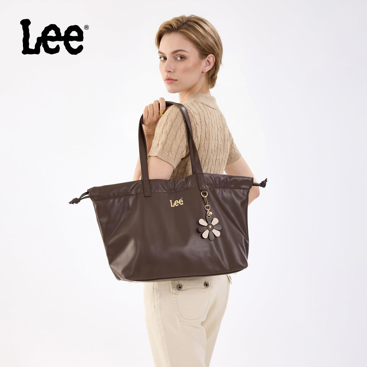 Lee Leather Tote Bag for Women, Spacious Vegan Leather Shoulder Bag & Handbag with Drawstring Closure, Durable Shoulder Straps, Large Capacity Work & Travel Purse, LEE73-001CF