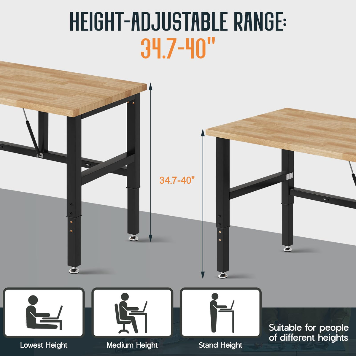 SPECRAFT Folding Workbench, Adjustable Foldable Workbench, 34.7"-40" Height Adjustable, Rubber Wood Top for Garage, Workshop, Office