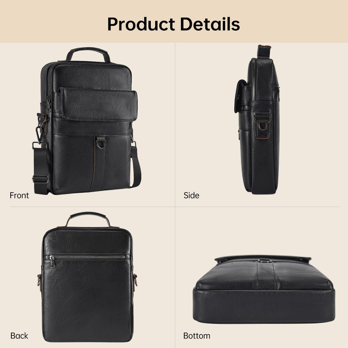 13 Inch Laptop Shoulder Bag Leather Carrying Case for Macbook Air 13" M5 M4 M3 M2 A3449 A3420 A3113 A2681/MacBook Pro 14" M5 M4 M3/2026 MacBook Neo, Vertical Laptop Sleeve Messenger Computer Bag,Black
