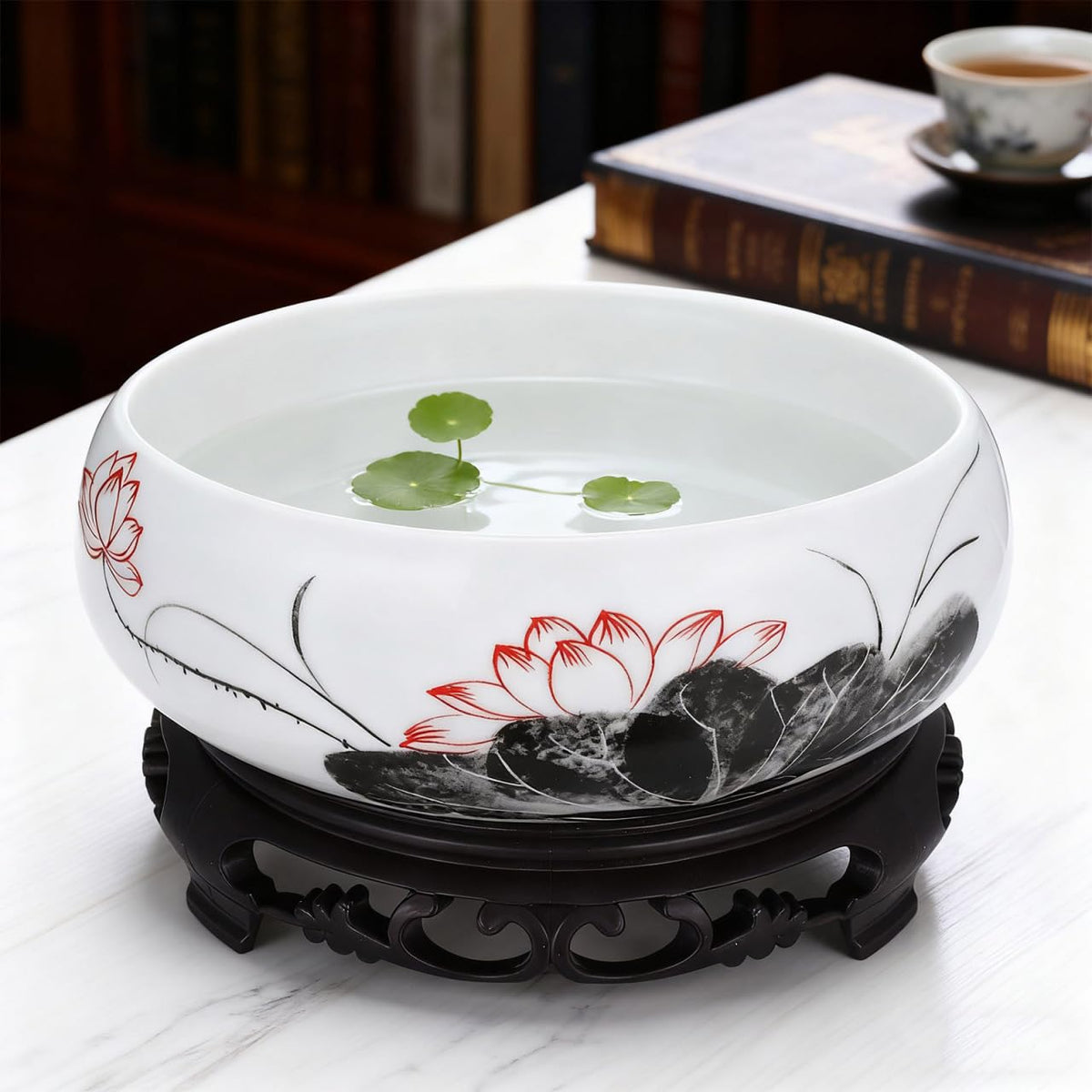 VICASKY White Ceramic Hydroponic Planter Bowl with Plastic Base - Oriental Lotus Shape Flower Pot for Daffodils, Water Plants, Lucky Bamboo & Home Decor