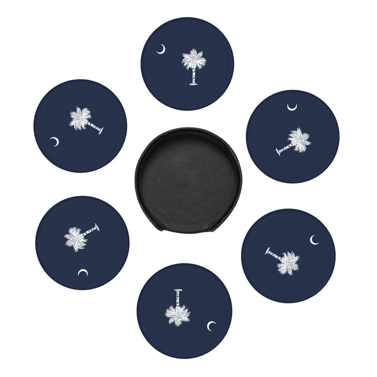 6 Pack South Carolina State Flag Leather Coasters with Holder–Cute Heat Resistant Drink Coasters Set for Coffee Wine Kitchen Office Bar Table Decor,Round