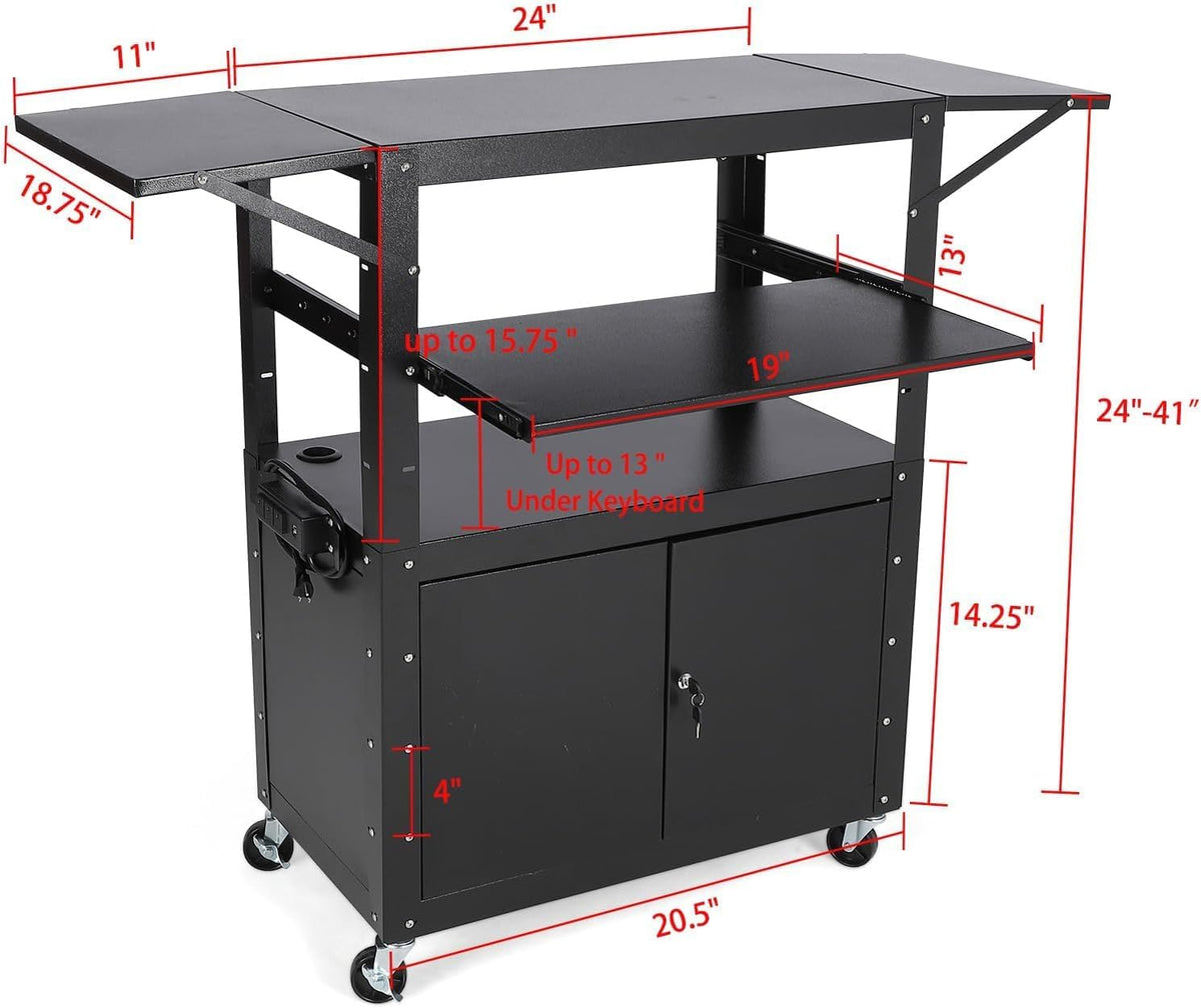 Portable AV Cart with Locking Storage Cabinet, Adjustable Laptop Stand & Drop Leaves, Rolling Workstation with Power Outlets for Classroom, Office, or Home Use