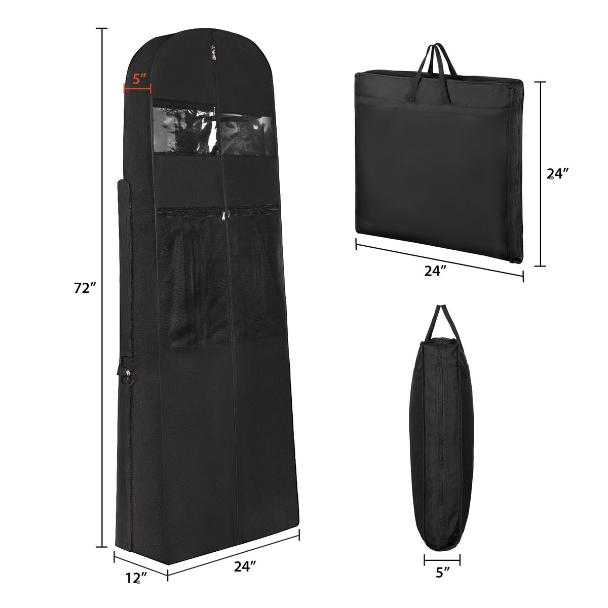 Univivi Wedding Dress Travel Bag for Airplane, Extra Long Wedding Gown Garment Bag with Accessory Pockets, 72 Inch Trifold Heavy Duty Dress Bags for Gowns for Travel and Closet Storage (Black)