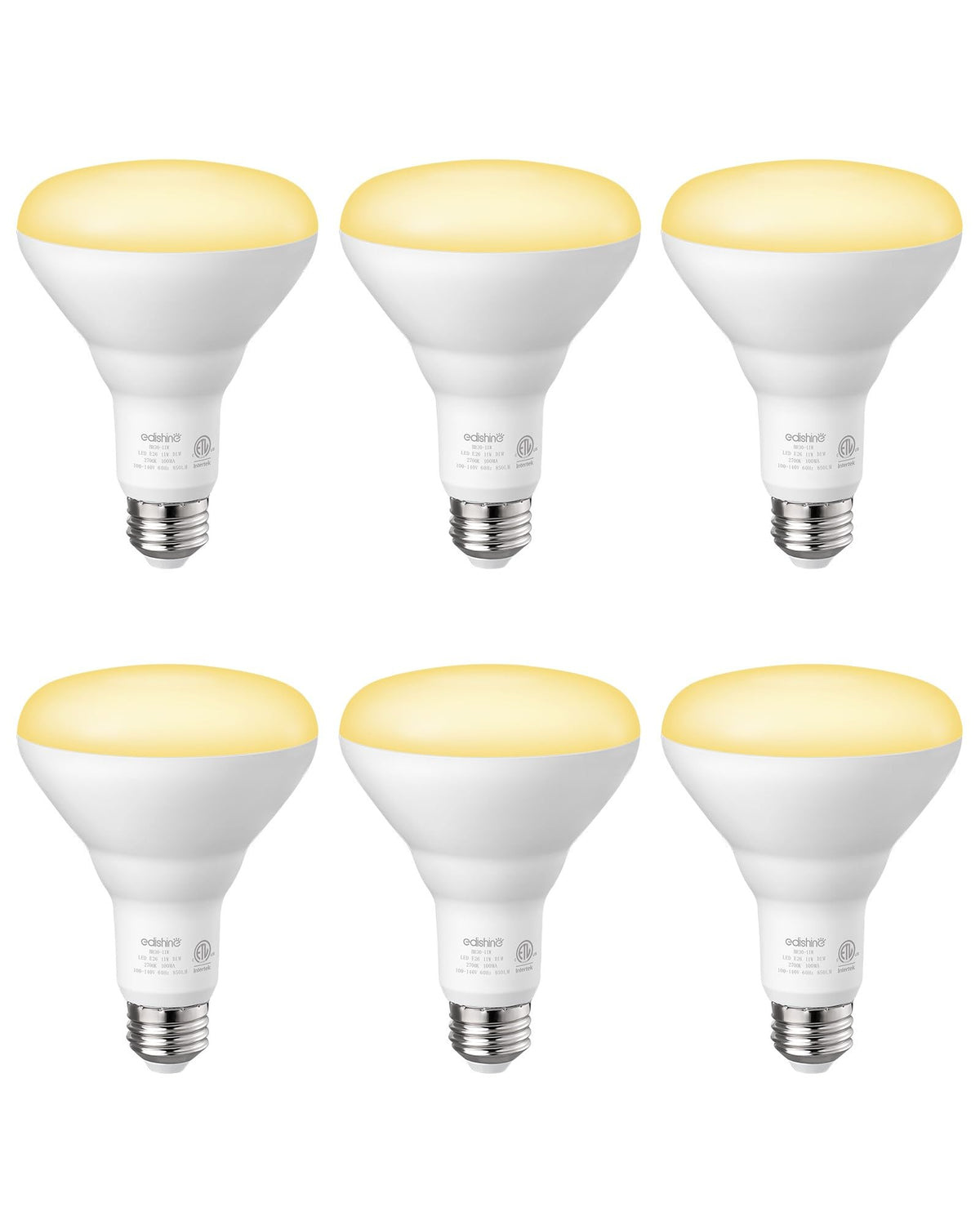 EDISHINE BR30 LED Bulb, Dimmable 11W Equivalent 65W, 850LM, 2700K Warm White, E26 Base, 6 Pack, ETL