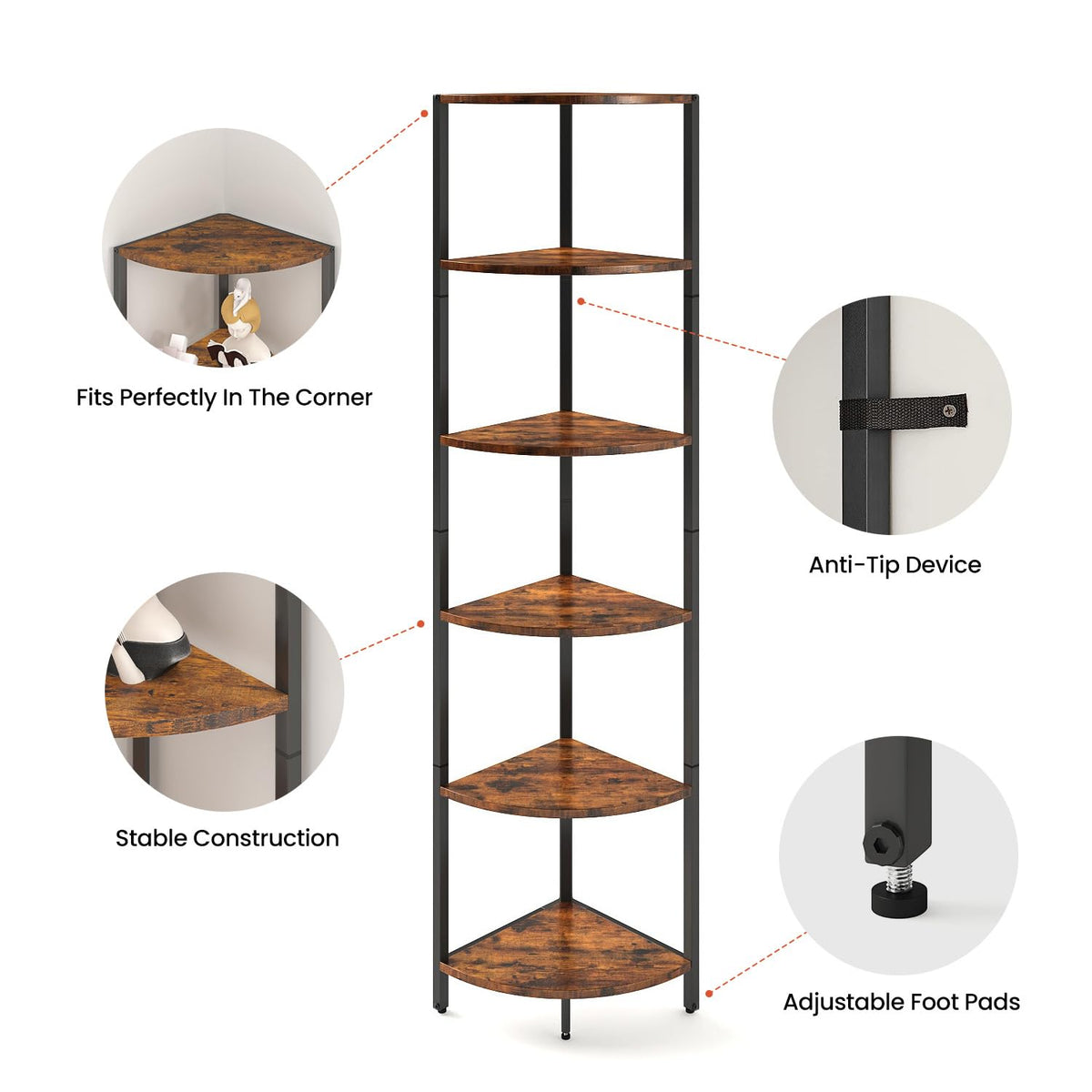 6 Tier Corner Shelf 63.1" Tall Corner Shelves stand Ladder shelf metal Standing Bookshelf Organizer Display Rack Bookcase Plant Stand Industrial style for Living Room Bedroom rustic Brown CS-001RB