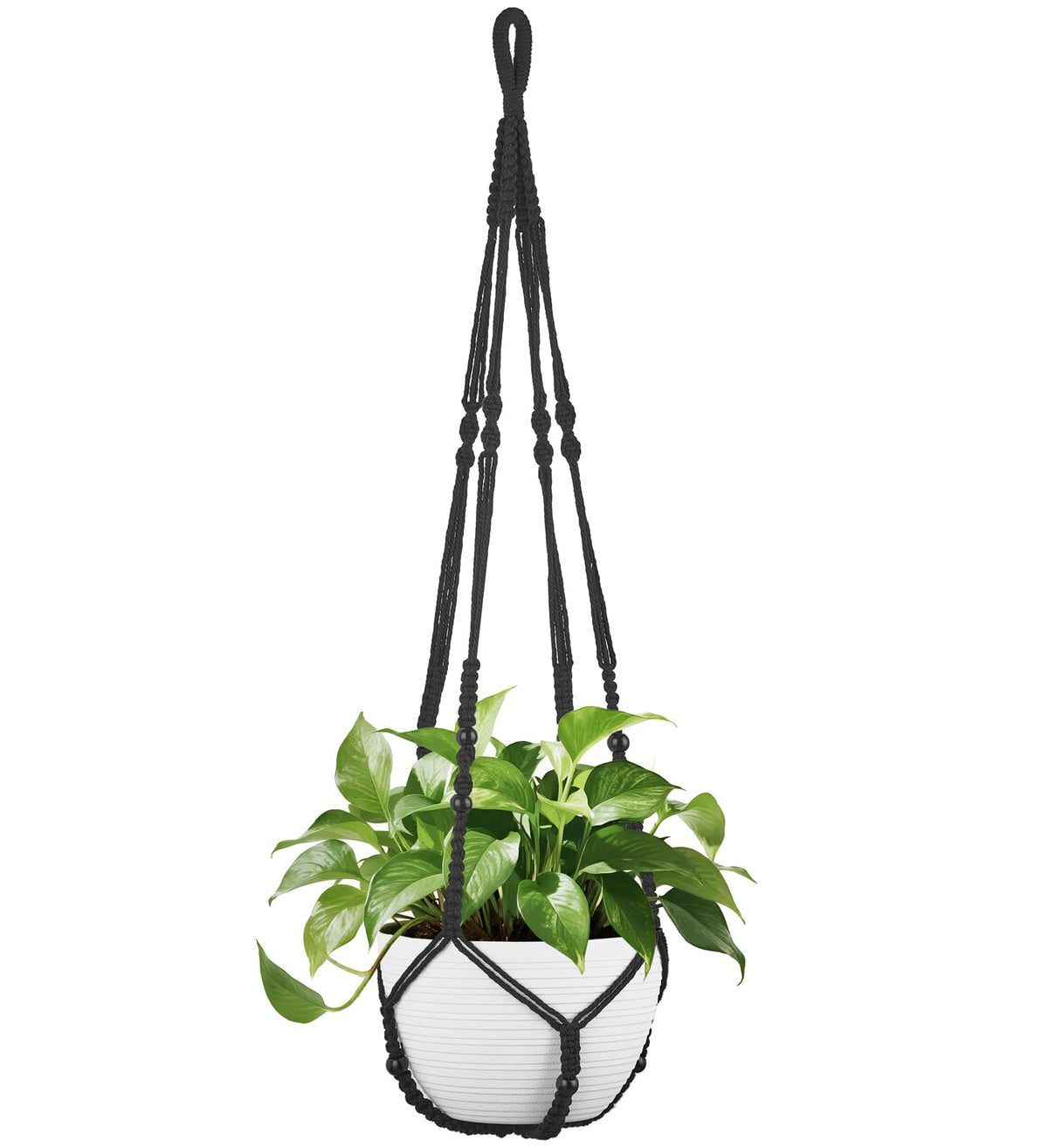 Mkono 43 Inch Macrame Plant Hanger Large for up to 12 Inch Pot Extra Long Hanging Plant Holder No Tassels Hanging Planter Basket with Wood Beads for Indoor Outdoor Boho Home Decor, Black