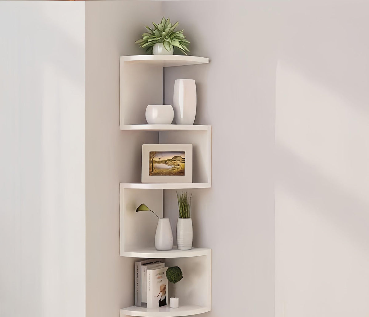 FRAWENLECO No-Drill Modern Corner Shelf Wall Mount, 5-Tier Floating Storage Rack, Corner Bookshelf with Hooks, Space-Saving Zigzag Plant Shelf for Bedroom, Living Room, Bathroom, Home Office(White)