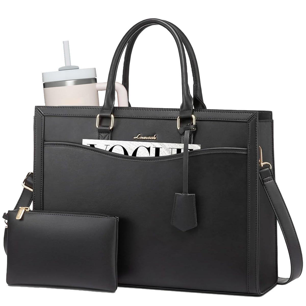 LOVEVOOK Laptop Tote Bag for Women, Leather Office Work Bag Briefcase fit for 15.6 inch Laptop, Large Teacher Computer Bag Handbag,2pcs Set Leather/Black