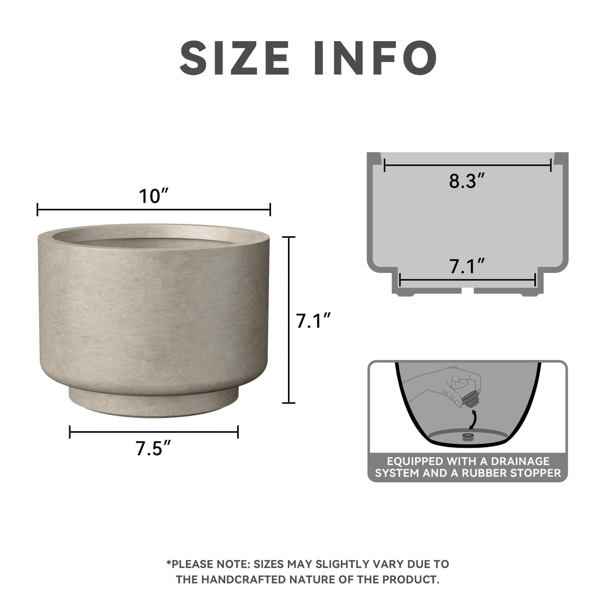 Kante 10 Inch Dia Concrete Planter, Round Pedestal Design Garden Pot for Indoor Outdoor Plants, Modern Flower Pot with Drainage Hole and Rubber Plug, Weathered Concrete