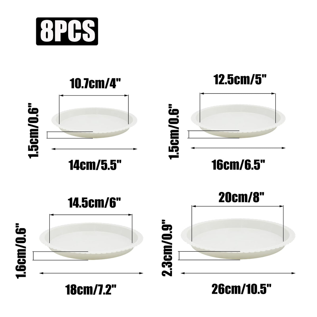 JAKOUE 4 Size Round lace Plant Saucer,6 Pack Pant Pot Trays, Plant Saucers for Indoors and Outdoors, Seed Starting Tray, Growing Trays,White（4",5",6",8"）