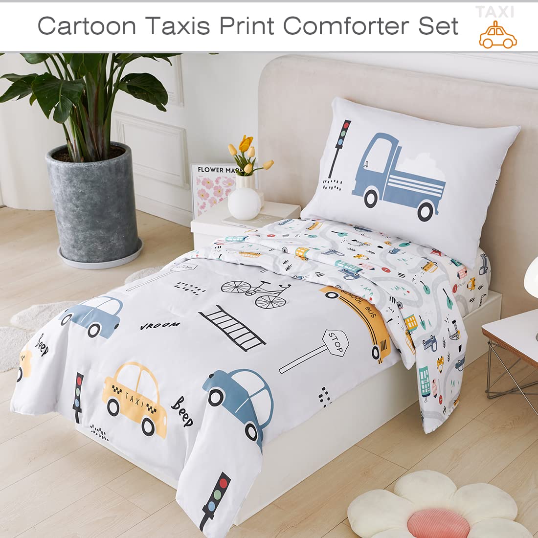 PERFEMET 4 Pcs Toddler Bedding Set - Soft Reversible Cars, Bus, Trucks Print Toddler Bed Set for Boys & Girls - Matching Sheet Set (Light Grey, Taxis/Bus/Trucks)