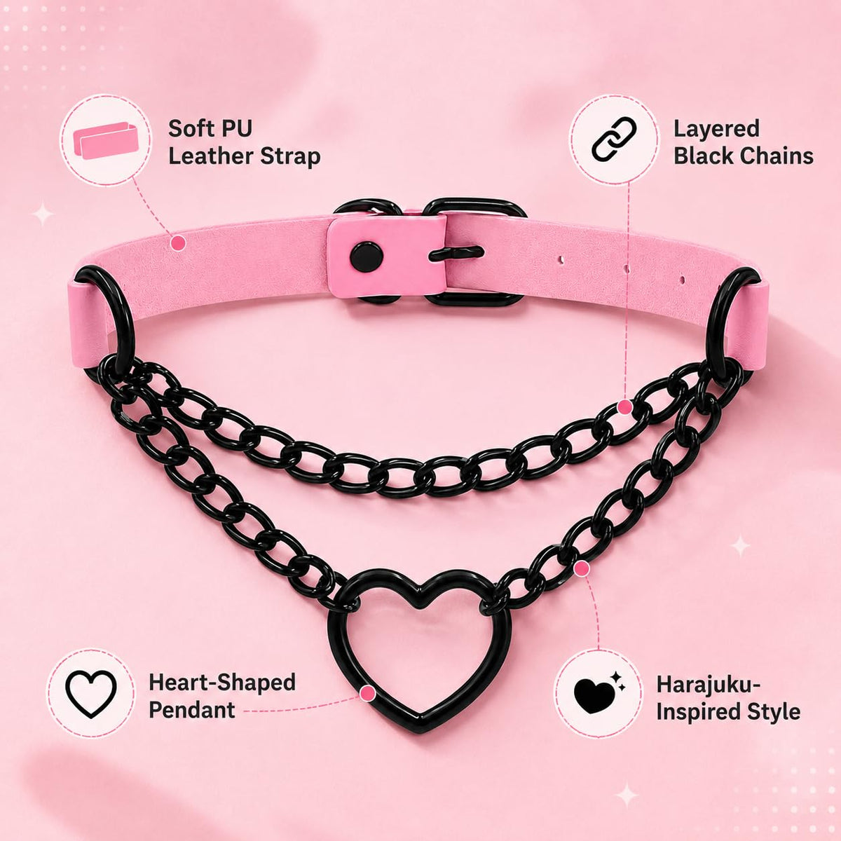 TIVMIK Punk Heart Shape Collar Necklace Leather Gothic Collar with Dangling Heart-Shaped Chain Cute Harajuku Style Women's Necklace Pink