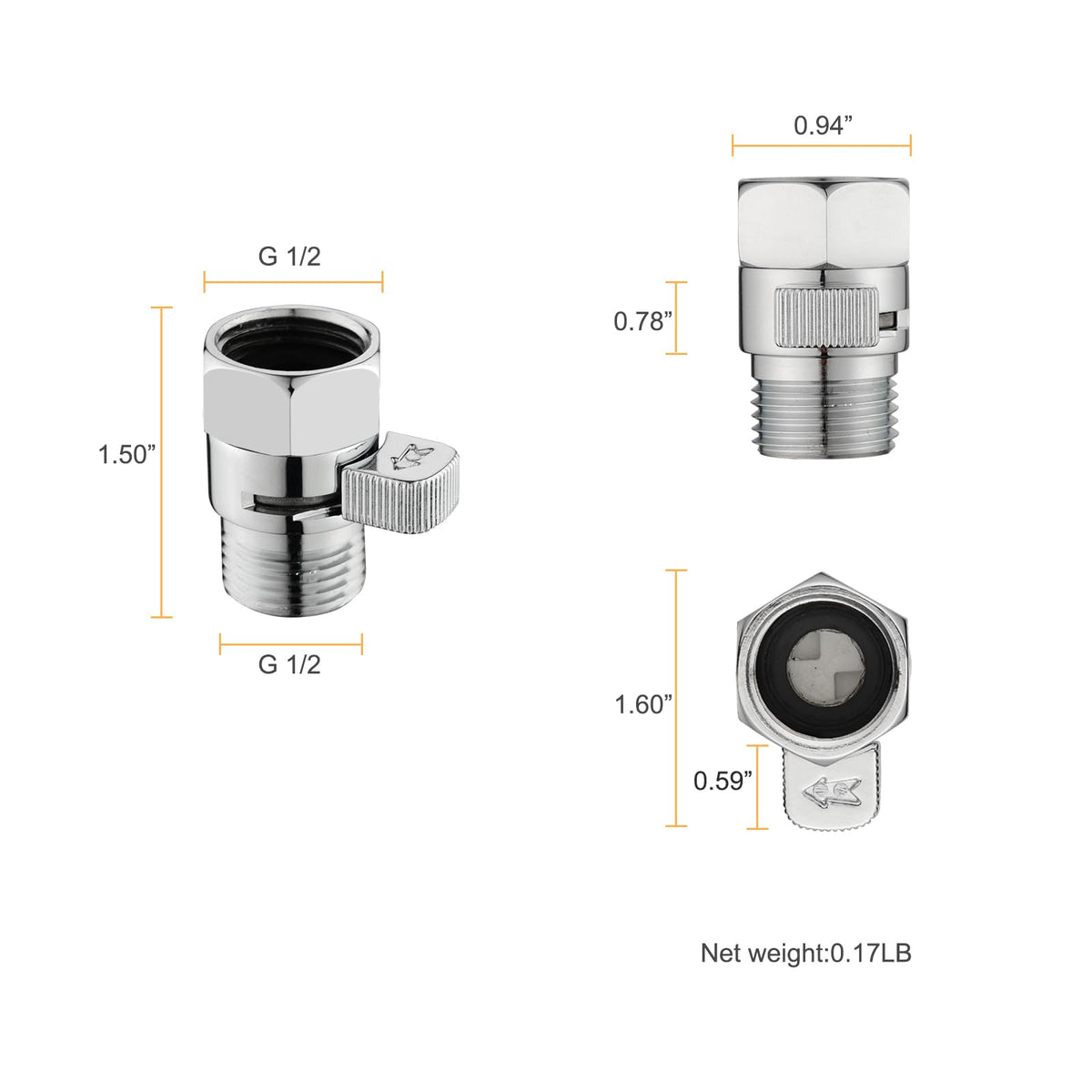 Chrome Water Flow Control Valve, G1/2" Shower Head Flow Control Valve, Brass Shut Off Valve for Handheld Shower, Water Pressure Regulator Replacement for Shower System