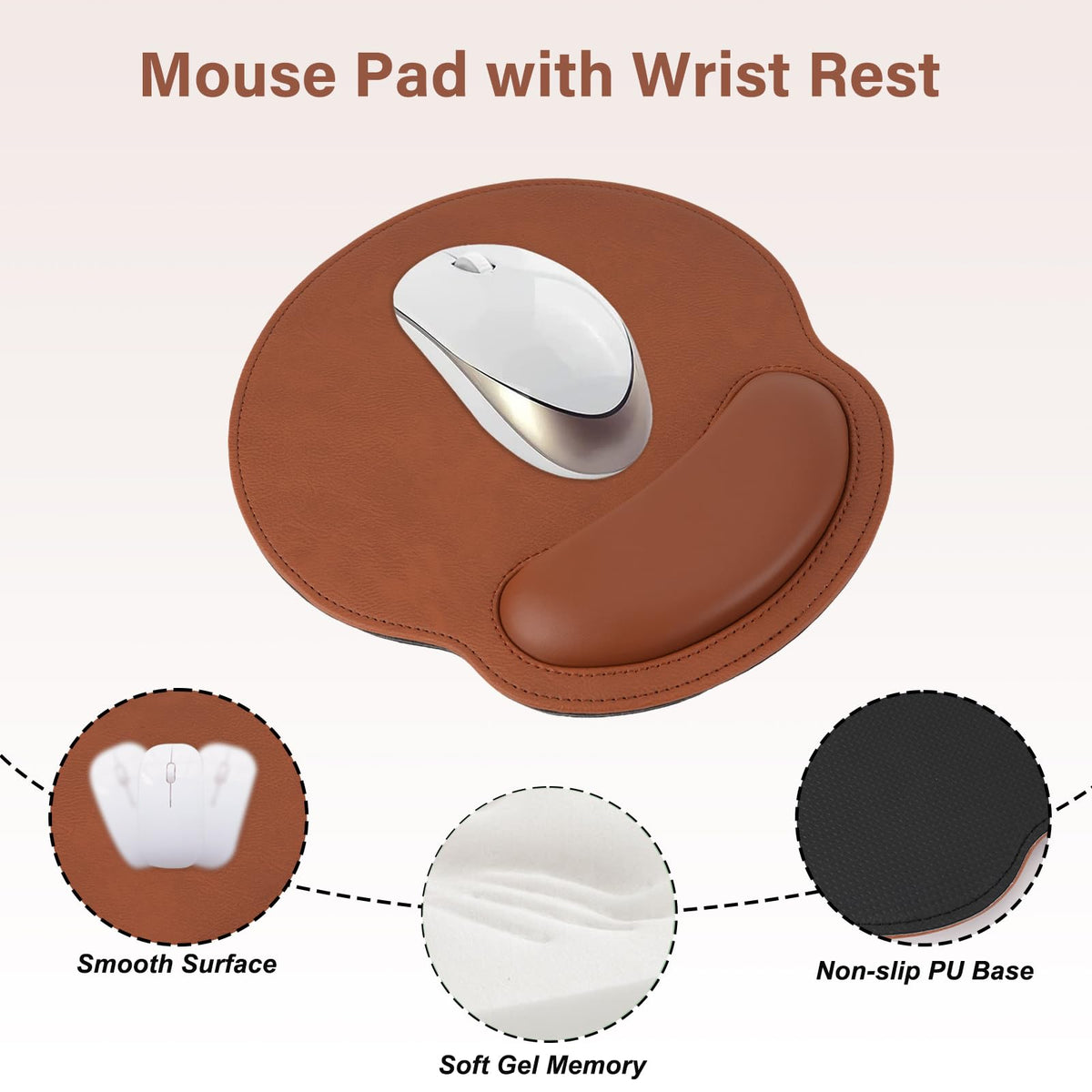 MOSISO Wrist Rest Support for Mouse Pad & Keyboard Set, Ergonomic PU Leather Keyboard and Mousepad with Wrist Rest&Coaster Non-Slip Base Home/Office Easy Typing Cushion with Raised Memory Foam, Brown
