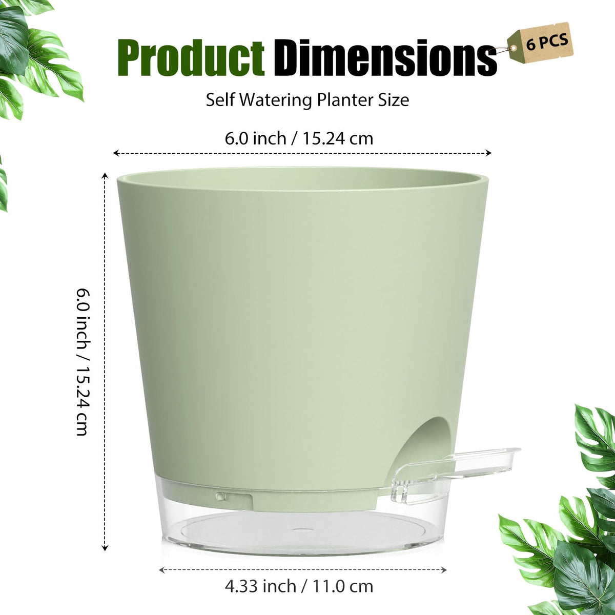 SQKH Plant Pots 6 Inch Self Watering Pots,6 Pack Plastic Planters with Drainage Holes and Clear Saucers,Plastic Flower Pots,Nursery Planting Pot for Indoor Out Door Plants (Green)