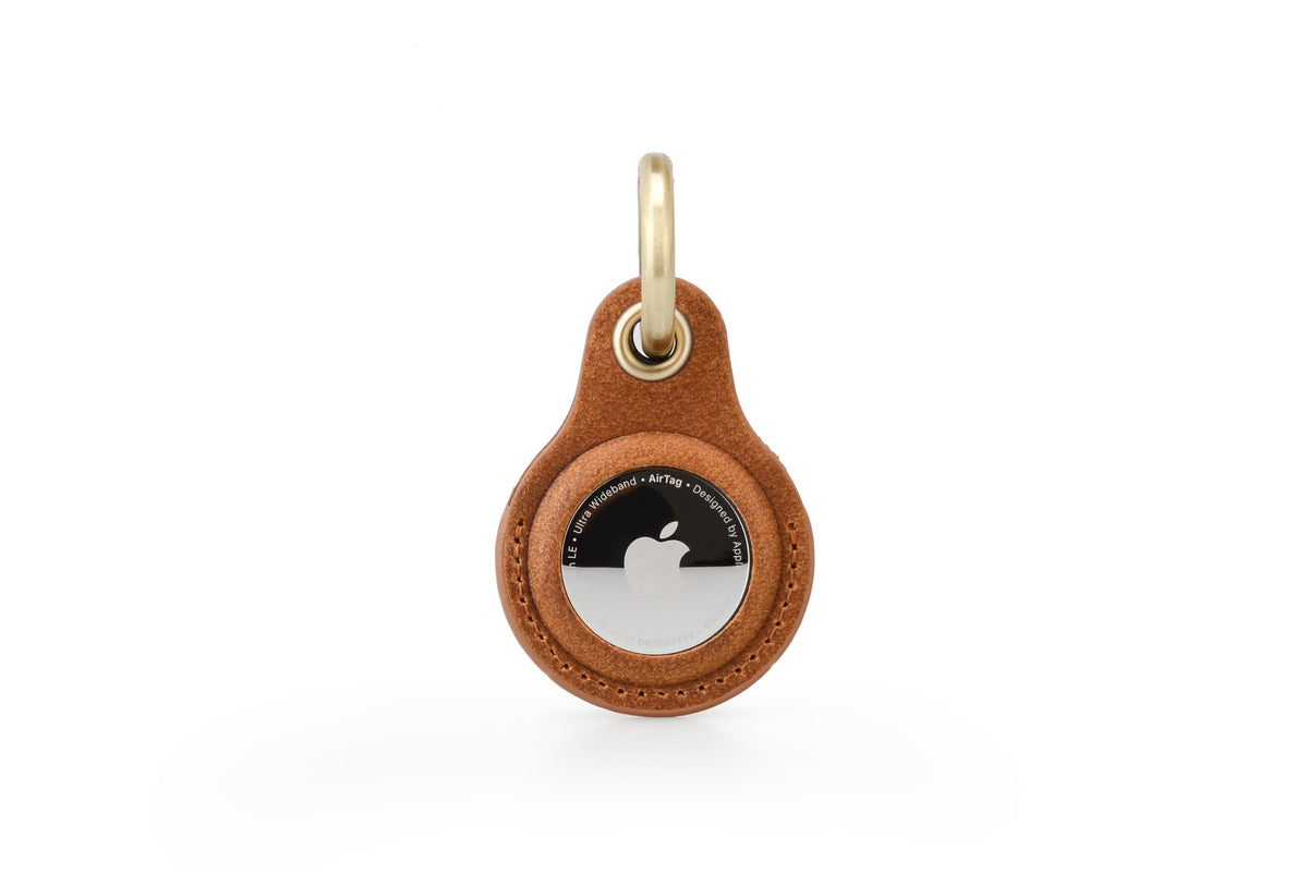Habac Studio Airtag Keyring Genuine Leather with Brass Key Tags. Apple Airtag Holder Luggage GPS Tracker Dog Airtag Case Keychain (Brown)