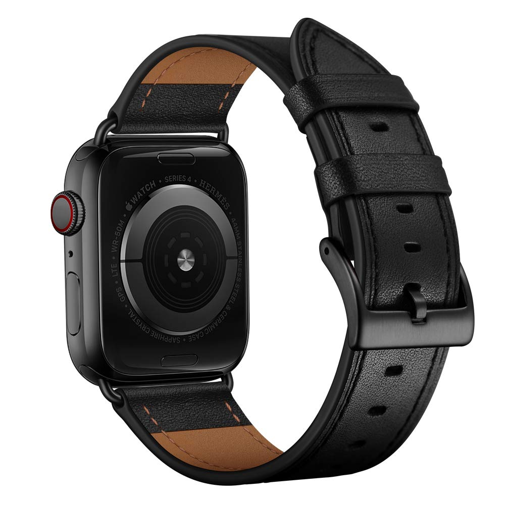 OUHENG Leather Bands Compatible with Apple Watch Band 49mm/46mm/45mm/44mm/42mm, Genuine Leather Strap Compatible with iWatch Ultra 3/2/1 & Series 11/10/9/8/7/6/5/4/3/2/1 & SE3 SE2 SE, Black/Black