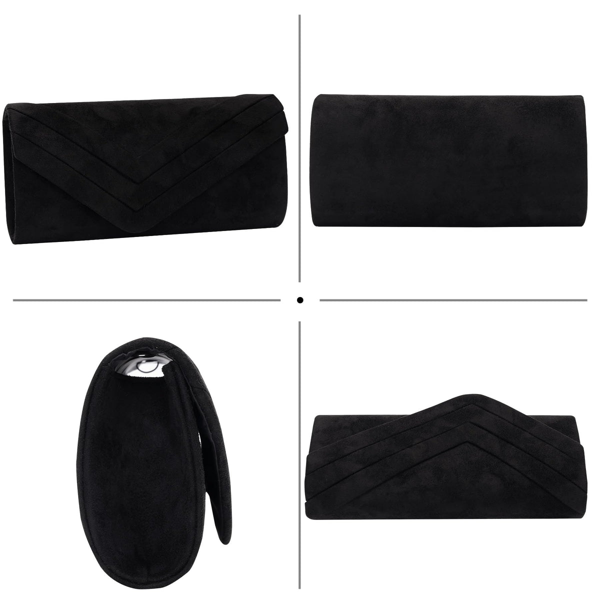 Larcenciel Elegant Black Suede Envelope Clutch Purse for Women, Soft Velvet Pleated Evening Bag with Detachable Chain Strap, Ladies Party Handbag for Formal Events, Wedding, Cocktail, Prom, Date Night