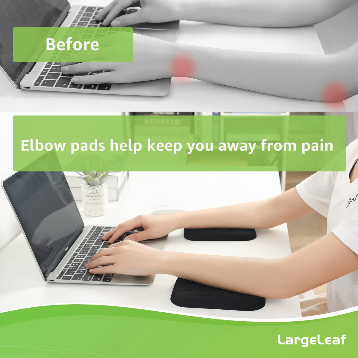 LargeLeaf Ergonomic Wrist & Elbow Rest Pad for Desk with Memory Foam & Non-Slip Base, Relieve Elbow Pain Armrest Wrist Support(6.3 * 4.3 inch, Black, 2pcs)