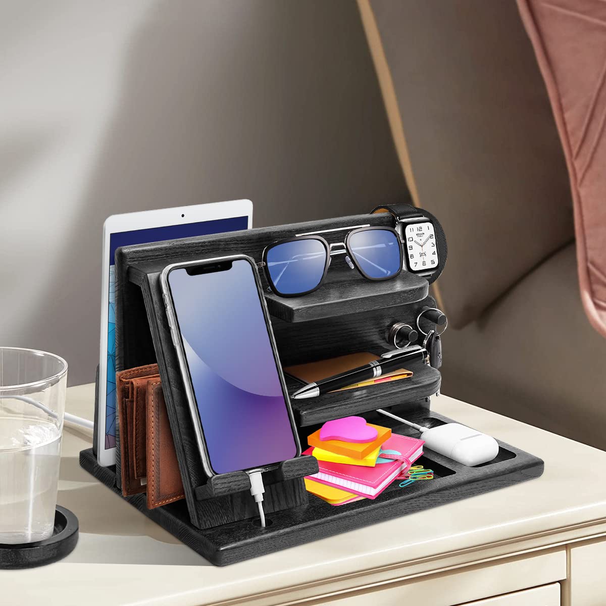 Wood Phone Docking Station - Gifts for Men Desk or Nightstand Organizer - Birthday Gifts for Husband, Fathers Day for Dad - Anniversary Idea from Wife - Key Holder, Stand Wallet, Watch & Essentials