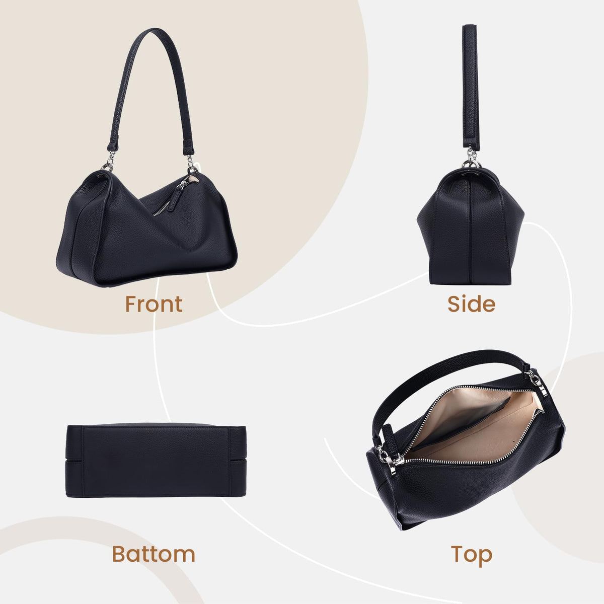 Rosvovo Genuine Leather Purses for Women, Real Leather Women's Crossbody Bag Shoulder bag Handbags Hoho bag with Adjustable Strap, balck,