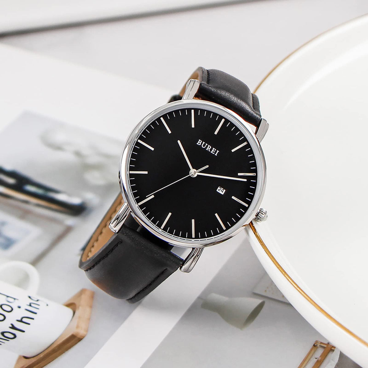 BUREI Ultra Thin Minimalist Men Leather Watch, 3ATM Waterproof Business Casual Wrist Watch, Gift for Father